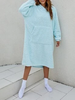 Women's Casual Dress Hoodie Dress Midi Dress Active Fashion Outdoor Home Holiday V Neck Pocket Solid Color Loose Fit Pink Burgundy Royal Blue M -Tesla Style hsszeh1692588260286