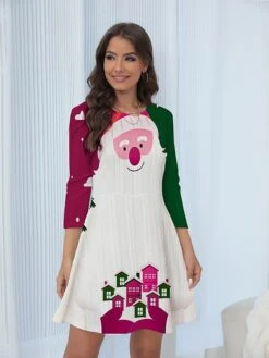 Women's Christmas Dress Sweater Dress Jumper Dress Mini Dress Ugly Santa Claus Outdoor Christmas Daily Holiday Crew Neck Long Sleeve 2023 Regular Fit Pink Wine Green S M L XL XXL 3XL -Tesla Style hsteda1697378109188