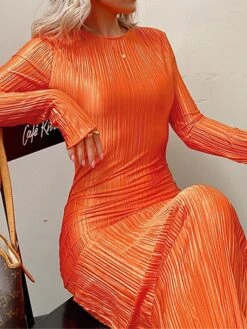 Women's Work Dress Sheath Dress Semi Formal Dress Fashion Daily Workfashion Long Dress Maxi Dress Ruched Pleated Crew Neck Long Sleeve Plain Slim Black Orange Fall Winter S M L -Tesla Style htlcle1695645278716