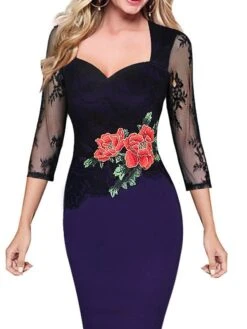 Women's Party Dress Lace Dress Bodycon Midi Dress Purple Green 3/4 Length Sleeve Floral Lace Fall Winter Autumn Square Neck Stylish 2023 S M L XL XXL 3XL 4XL 5XL -Tesla Style htlezr1645582126570