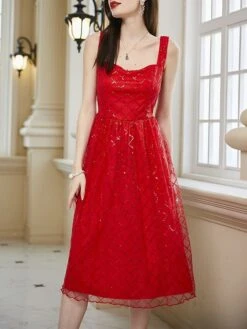 Women‘s Party Dress Homecoming Dress Cocktail Dress Midi Dress Red Sleeveless Pure Color Sparkly Glitter Sequins Summer Spring Fall Spaghetti Strap Fashion Wedding Guest Vacation Summer Dress -Tesla Style htotcc1690857836848