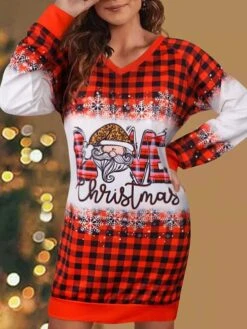 Women‘s Christmas Casual Dress Hoodie Dress Mini Dress Fashion Daily Outdoor Vacation Going Out V Neck Print Bell Regular Fit Red S M L XL XXL -Tesla Style huhheh1694427871320