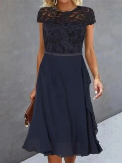Women's Party Dress Lace Dress Cocktail Dress Midi Dress Dark Blue Short Sleeve Pure Color Lace Summer Spring Fall Crew Neck Fashion Vacation Summer Dress 2023 S M L XL 2XL 3XL