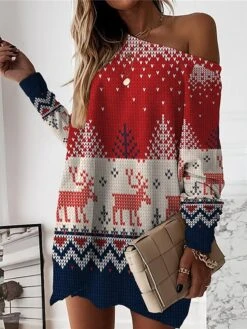 Women‘s Christmas Casual Dress Sweatshirt Dress Mini Dress Warm Fashion Outdoor Holiday Crew Neck Print Animal Snowman Loose Fit White Red Burgundy S M L XL XXL -Tesla Style huuqnj1694427875886