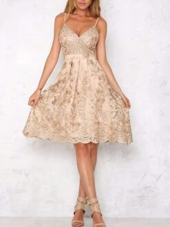 Women's Party Dress Homecoming Dress Cocktail Dress Midi Dress Gold Sleeveless Floral Ruffle Summer Spring Fall V Neck Fashion Birthday Evening Party Wedding Guest 2022 S M L XL