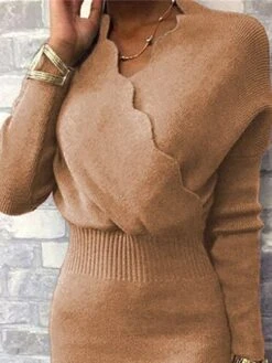 Women's Work Dress Sheath Dress Semi Formal Dress Fashion Midi Dress Ruched V Neck Long Sleeve Plain Regular Fit Camel Fall Winter S M L XL XXL -Tesla Style huxpjd1693971830983