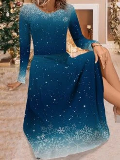 Women's Work Dress Casual Dress Swing Dress Fashion Winter Dress Christmas Daily Midi Dress Print Crew Neck Long Sleeve Snowflake Ombre Regular Fit Wine Navy Blue Blue Fall Winter S M L XL XXL -Tesla Style huyegc1695264763008