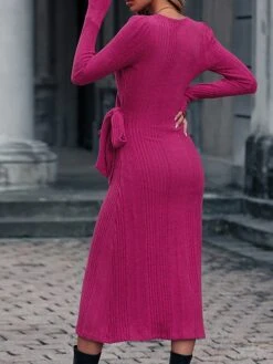 Women's Sweater Dress Winter Dress Jumper Dress Midi Dress Lace Up Ribbed Street Daily Holiday Fashion Streetwear V Neck Long Sleeve 2023 Slim Fuchsia Color S M L XL Size -Tesla Style huzpfd1693221314561