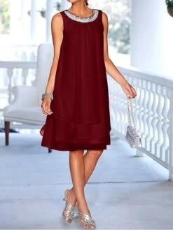 Women‘s Party Dress Cocktail Dress Shift Dress Office Holiday Wedding Guest Midi Dress Party Stylish Crew Neck Sleeveless Sequins Layered Dark Blue Pure Color S M L XL 2XL -Tesla Style hvbstd1680056712901