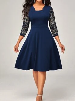 Women's Work Dress Party Dress Swing Dress Fashion Lace Sleeve Midi Dress Lace Square Neck 3/4 Length Sleeve Plain Slim Black Wine Red Summer Spring S M L XL XXL -Tesla Style hvievx1679467854259