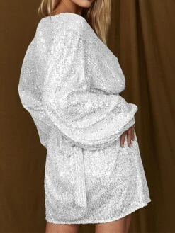 Women‘s Party Dress Sequin Dress Homecoming Dress Cocktail Dress Mini Dress Black White Champagne Long Sleeve Pure Color Sparkly Glitter Lace Up Fall Winter Autumn V Neck Wedding Guest -Tesla Style hvlirl1694592554762