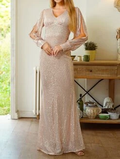 Women's Prom Dress Party Dress Sequin Dress Long Dress Maxi Dress Gold Long Sleeve Pure Color Sequins Fall Winter Autumn V Neck Fashion Winter Dress Wedding Guest Birthday 2023 S M L XL