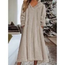 Women‘s Fleece Sweatshirt Dress Winter DressWhite Dress Midi Dress White 3/4 Length Sleeve Pure Color Pocket Winter Fall Hooded Casual Modern 2022 S M L XL 2XL 3XL -Tesla Style hvylrw1668576934850