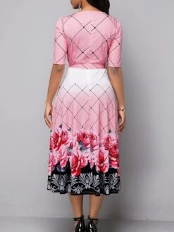 Women's Work Dress Semi Formal Dress A Line Dress Elegant Midi Dress Lace Up Print Crew Neck Short Sleeve Floral Plaid Regular Fit Pink Summer Spring S M L XL XXL -Tesla Style hwcvwr1681882748691