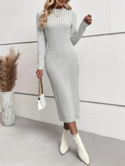 Women's Sweater Dress Winter Dress Jumper Dress Midi Dress Ribbed Outdoor Work Street Fashion Modern Crew Neck Long Sleeve 2023 Slim Light Grey Color S M L XL Size -Tesla Style hwibgt1694594776553
