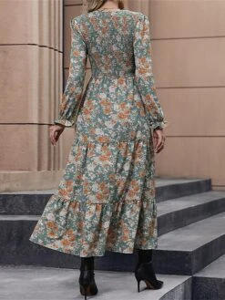 Women's Work Dress Casual Dress Swing Dress Fashion Winter Dress Daily Midi Dress Ruched Print V Neck Long Sleeve Floral Slim Green Fall Winter S M L XL -Tesla Style hwuzji1695096211886