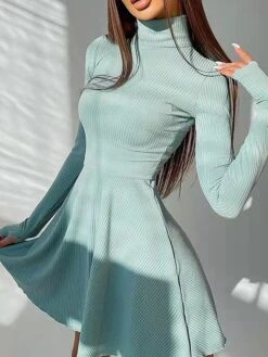 Women's Sweater Dress Jumper Dress Casual Dress Mini Dress Fashion Pure Color Outdoor Daily Vacation Going Out Turtleneck Long Sleeve Patchwork 2023 Loose Fit Pink Blue Brown S M L -Tesla Style hwxaxs1695643856052