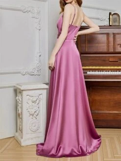 Women's Prom Dress Party Dress Satin Dress Long Dress Maxi Dress Champagne Pink Red Sleeveless Pure Color Backless Spring Fall Winter Spaghetti Strap Fashion Winter Dress Evening Party Wedding Guest -Tesla Style hxhgtd1692079368852