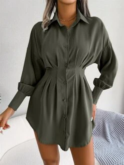 Women's Work Dress White Dress Semi Formal Dress Fashion Office Daily Workfashion Mini Dress Ruched Button Shirt Collar Long Sleeve Plain Loose Fit White Blue Army Green Fall Winter S M L XL -Tesla Style hxivpj1695026964000