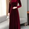 Women's Green Velvet Dress Maxi Long Dress Black Wine Blue Long Sleeve Solid Color Ruched Fall Winter Crew Neck Party Stylish Elegant Party -Tesla Style hxqzgr1637316072547