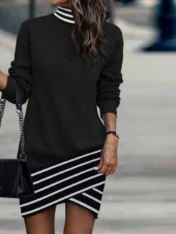 Women's Sweatshirt Dress Winter Dress Shift Dress Mini Dress Black Long Sleeve Line Print Winter Fall Autumn Turtleneck Stylish Fall Dress 2023 S M L XL 2XL 3XL