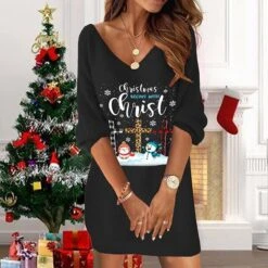 Women's Christmas T Shirt Dress Tee Dress Shift Dress Sweat Dress Mini Dress Black And White Light Yellow Black Gray 3/4 Length Sleeve Elk Print Winter Fall Spring V Neck 2022 S M L -Tesla Style hxwmfc1668164751312