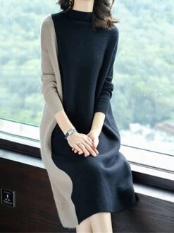 Women's Work Dress Casual Dress Shift Dress Fashion Winter Dress Daily Midi Dress Patchwork Stand Collar Long Sleeve Color Block Regular Fit Black Red Fall Winter M L XL XXL 3XL