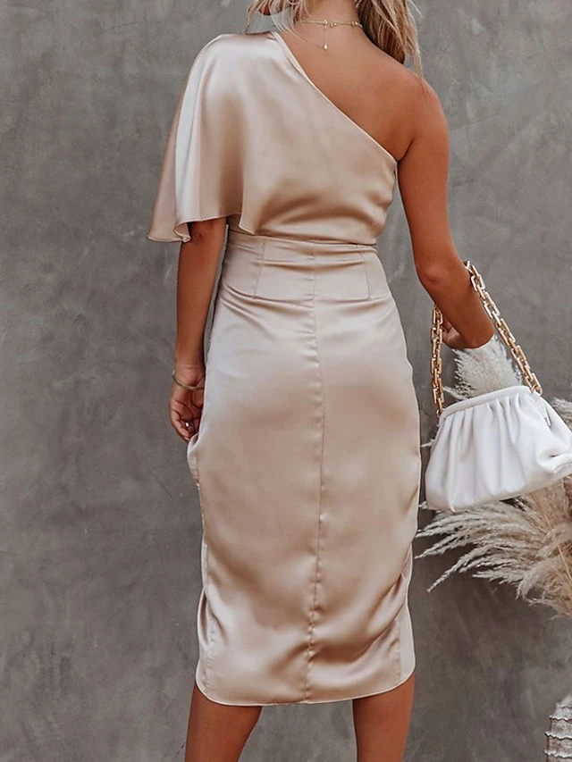 Women's Party Dress Cocktail Dress Satin Dress Midi Dress Black Gold Dark Blue Short Sleeve Pure Color Ruched Spring Fall One Shoulder Fashion Office Wedding Guest Vacation 2022 S M L XL 4 Women's Party Dress Cocktail Dress Satin Dress Midi Dress Black Gold Dark Blue Short Sleeve Pure Color Ruched Spring Fall One Shoulder Fashion Office Wedding Guest Vacation 2022 S M L XL - Image 2