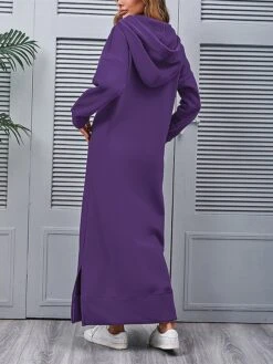 Women's Casual Dress Hoodie Dress Long Dress Maxi Dress Daily Basic Outdoor Vacation Going Out V Neck Pocket Solid Color Regular Fit Black Burgundy Blue S M L XL XXL -Tesla Style hyissg1692165481606