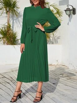 Women's Work Dress Swing Dress Black Dress Fashion Midi Dress Lace Up Ruched Crew Neck Long Sleeve Plain Loose Fit Black Blue Green Fall Winter S M L XL XXL -Tesla Style hylstz1693300594505