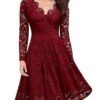 Women‘s Party Dress Wedding Guest Dress Lace Dress Dress Knee Length Dress Black Wine Navy Blue Long Sleeve Pure Color Lace Winter Fall Spring V Neck Elegant Winter Dress Office 2023 S M L XL XXL 3XL -Tesla Style hyuioz1696870460240