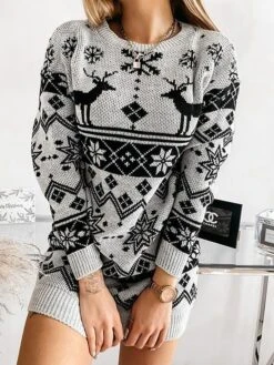 Women‘s Christmas Sweater Dress Jumper Dress Winter Dress Fashion Ugly Christmas Christmas Daily Vacation Going Out Crew Neck Long Sleeve Patchwork 2023 Loose Fit Black Wine Gray S M L -Tesla Style hywtua1694602203898