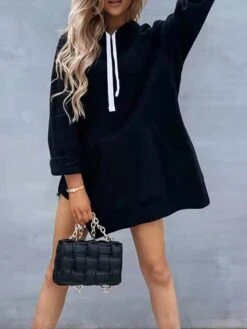 Women's Casual Dress Hoodie Dress Plain Dress Mini Dress Pocket Split Outdoor Street Daily Active Fashion Hooded Long Sleeve 2023 Loose Fit Black White Orange Color S M L XL XXL Size -Tesla Style hzccme1693558025714
