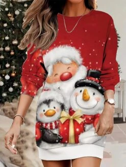 Women's Christmas Casual Dress Sweatshirt Dress Mini Dress Warm Fashion Outdoor Vacation Crew Neck Print Santa Claus Snowman Loose Fit White Wine Rusty Red S M L XL XXL -Tesla Style hzcuhz1695365440674