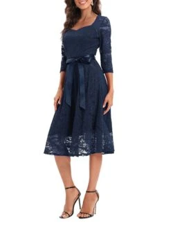 Women's Party Dress Lace Dress Vintage Dress Midi Dress Black Wine Navy Blue 3/4 Length Sleeve Pure Color Lace Summer Spring Fall Square Neck Fashion Wedding Guest Birthday Vacation 2023 S M L XL XXL -Tesla Style hzmjoj1671444180081