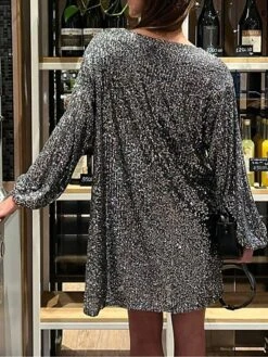 Women's Party Dress Sequin Dress Black Dress Homecoming Cocktail Dress Mini Dress Silver White Long Sleeve Pure Color Sparkly Glitter Lace Up Winter Dress -Tesla Style hzwvlt1694504479982