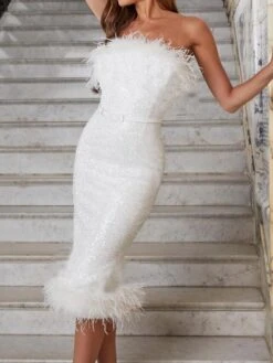 Women‘s Semi Formal Party Dress Wedding Guest Sequin Dress Feather Dress Midi Dress Black White Sleeveless Pure Color Sequins Spring Summer Strapless Weekend Slim 2023 S M L XL -Tesla Style iayvpn1664280634274