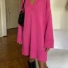 Women's Sweater Dress Jumper Dress Casual Dress Midi Dress Warm Pure Color Outdoor Casual Daily Going Out V Neck Long Sleeve 2023 Loose Fit Black Rose Red S M L
