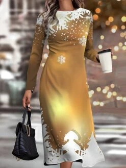 Women's Christmas Work Dress Casual Dress Semi Formal Dress Fashion Winter Dress Daily Midi Dress Print Crew Neck Long Sleeve Snowman Christmas Tree Slim Black Red Gold Fall Winter S M L XL XXL -Tesla Style ibprmn1695363294849