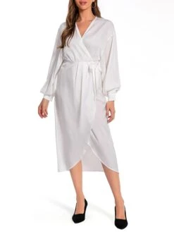 Women's Work Dress Satin Dress White Dress Fashion Midi Dress Lace Up V Neck Long Sleeve Plain Loose Fit White Fall Winter S M L XL XXL -Tesla Style ibrqae1693467048450