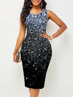 Women's Work Dress Sheath Dress Semi Formal Dress Fashion Midi Dress Print Crew Neck Sleeveless Ombre Slim Pink Red Blue Summer Spring S M L XL XXL