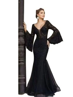Women‘s Formal Party Dress Lace Dress Black Dress Long Dress Maxi Dress Black Long Sleeve Pure Color Lace Fall Spring Autumn V Neck Hot Winter Dress Evening Party 2023 S M L XL -Tesla Style iccnye1636101009537