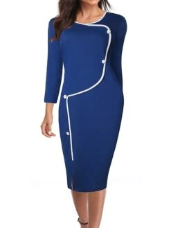 Women's Work Dress Sheath Dress Fashion Midi Dress Button Crew Neck 3/4 Length Sleeve Plain Slim Black Blue Summer Spring S M L XL XXL