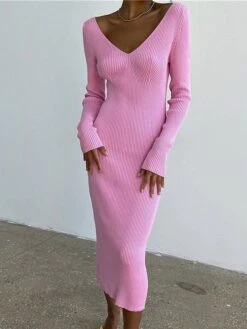 Women's Sweater Dress Jumper Dress Casual Dress Midi Dress Fashion Pure Color Outdoor Vacation Going Out V Neck Long Sleeve 2023 Regular Fit Black Pink Blue S M L -Tesla Style idecyk1697538590341