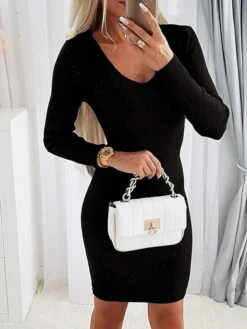 Women's Sweater Dress Jumper Dress Casual Dress Mini Dress Fashion Pure Color Outdoor Vacation Going Out V Neck Long Sleeve 2023 Regular Fit Black Green S M L XL XXL -Tesla Style idipiz1697538229910