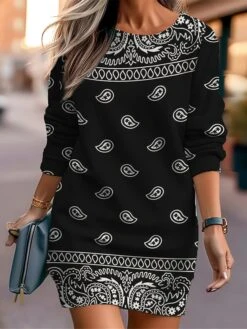 Women's Casual Dress Sweatshirt Dress Mini Dress Warm Fashion Outdoor Vacation Going Out Crew Neck Print Floral Print Loose Fit Black Burgundy Royal Blue S M L XL XXL -Tesla Style idjcln1694596722822