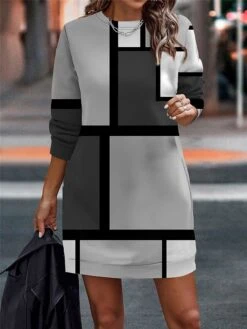 Women's Casual Dress Sweatshirt Dress Mini Dress Warm Fashion Outdoor Vacation Going Out Crew Neck Print Geometric Loose Fit Pink Blue Light Purple S M L XL XXL -Tesla Style idlzrt1694596715494