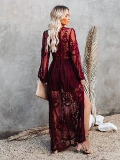 Women's Party Dress Lace Dress White Dress Long Dress Maxi Dress Black Red Wine White Long Sleeve Pure Color Mesh Winter Fall Spring V Neck Romantic Wedding Party Winter Dress 2023 S M L XL XXL -Tesla Style idrdec1633675343012