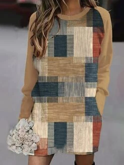 Women's Casual Dress Sweatshirt Dress Winter Dress Geometric Plaid Pocket Print Crew Neck Mini Dress Fashion Streetwear Outdoor Daily Long Sleeve Loose Fit Yellow Pink Blue Fall Winter S M L XL XXL