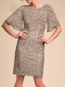 Women's Party Dress Sequin Dress Cocktail Dress Midi Dress Silver Half Sleeve Pure Color Sequins Spring Fall Winter Crew Neck Fashion Wedding Guest Vacation 2023 S M L XL XXL 3XL -Tesla Style iedejp1697003528145